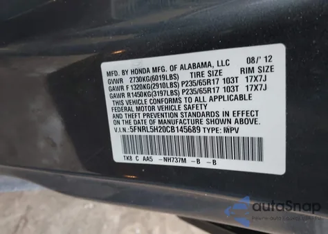 2012 Honda Odyssey Lx z USA, uszkodzony, nr VIN 5FNRL5H20CB145689
